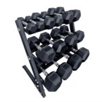 Hex rubber dumbbells and 3 tier rack