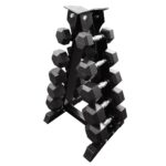 hex rubber dumbbells with tower rack
