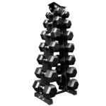 hex dumbbells set with storage rack
